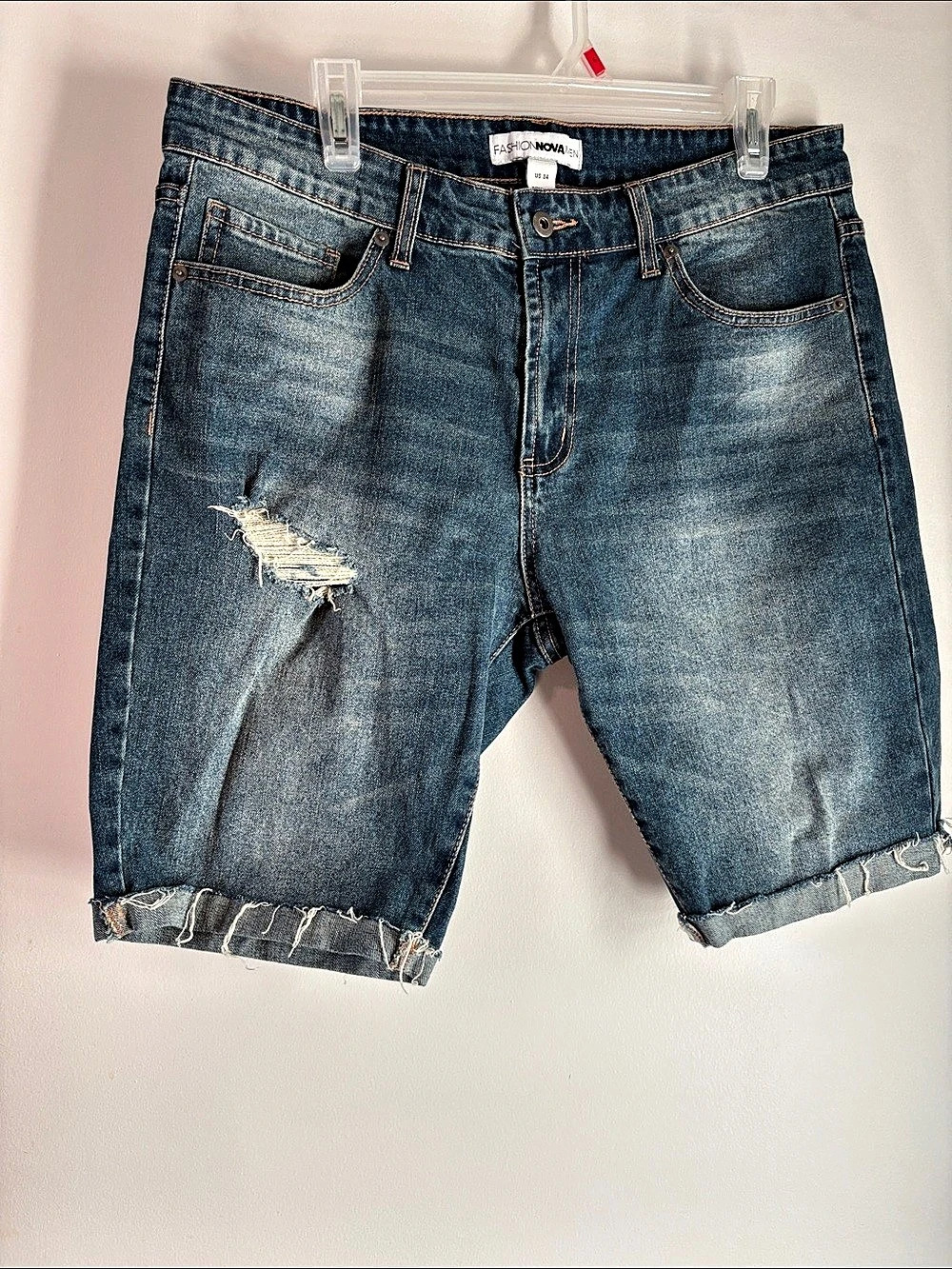 Fashion Nova Distressed Denim Jean Shorts in Blue Waist 34